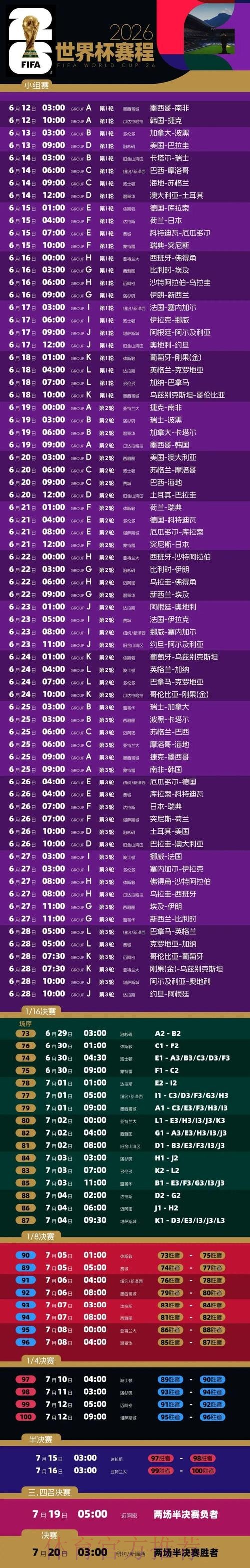 2026世界杯比赛全程赛程一览